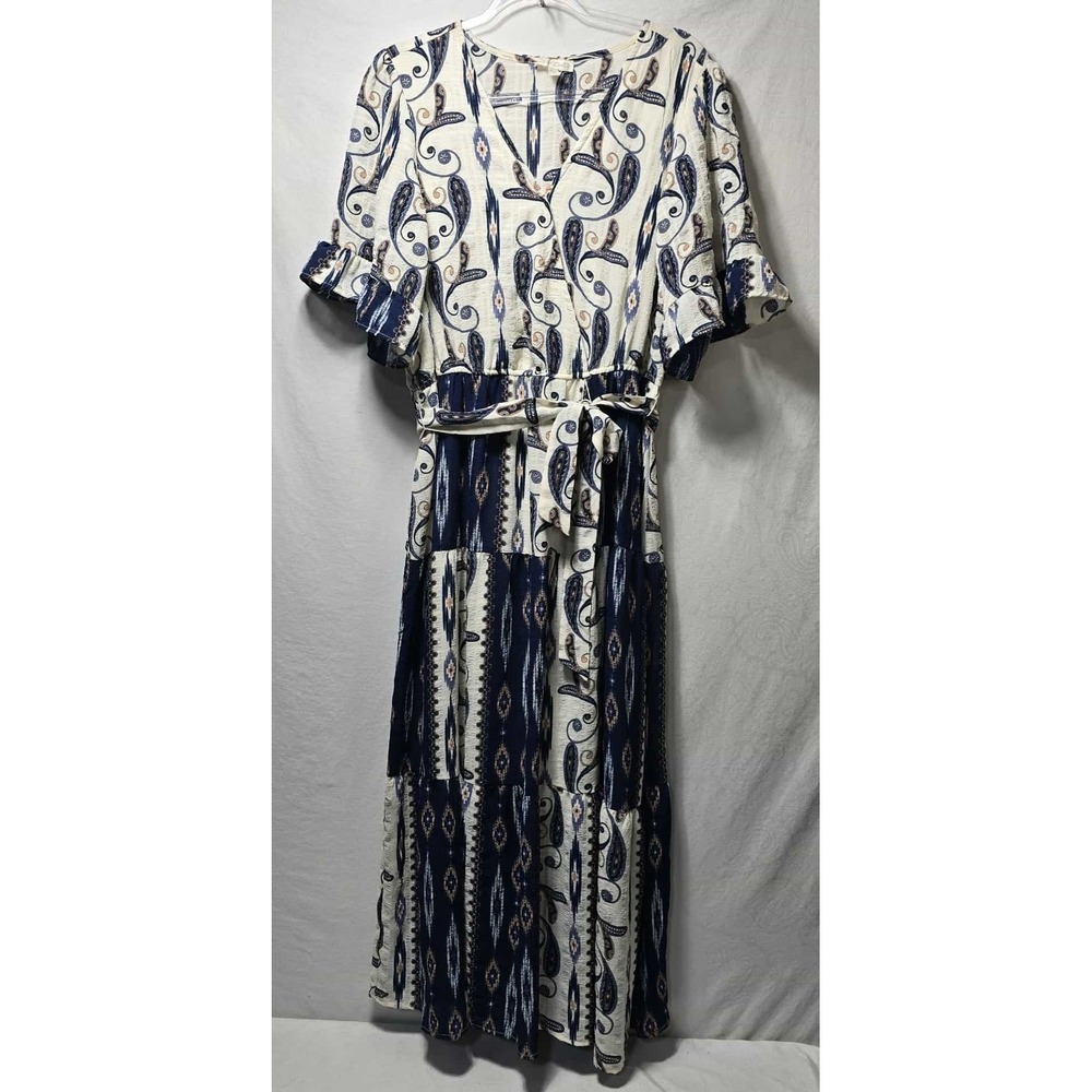 FIG & FLOWER PXL Maxi Dress Boho Paisley Tiered Ruffle Sleeve Belted